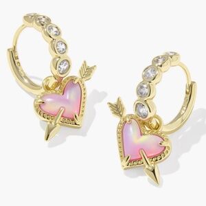 Kendra Scott Ari Heart Arrow Gold Huggies in Pink Opalescent Resin, White CZ